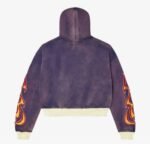 Back view of the Purple Vale Forever Hoodie with flame sleeve designs and cream-colored cuffs.