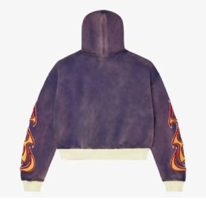 Back view of the Purple Vale Forever Hoodie with flame sleeve designs and cream-colored cuffs.